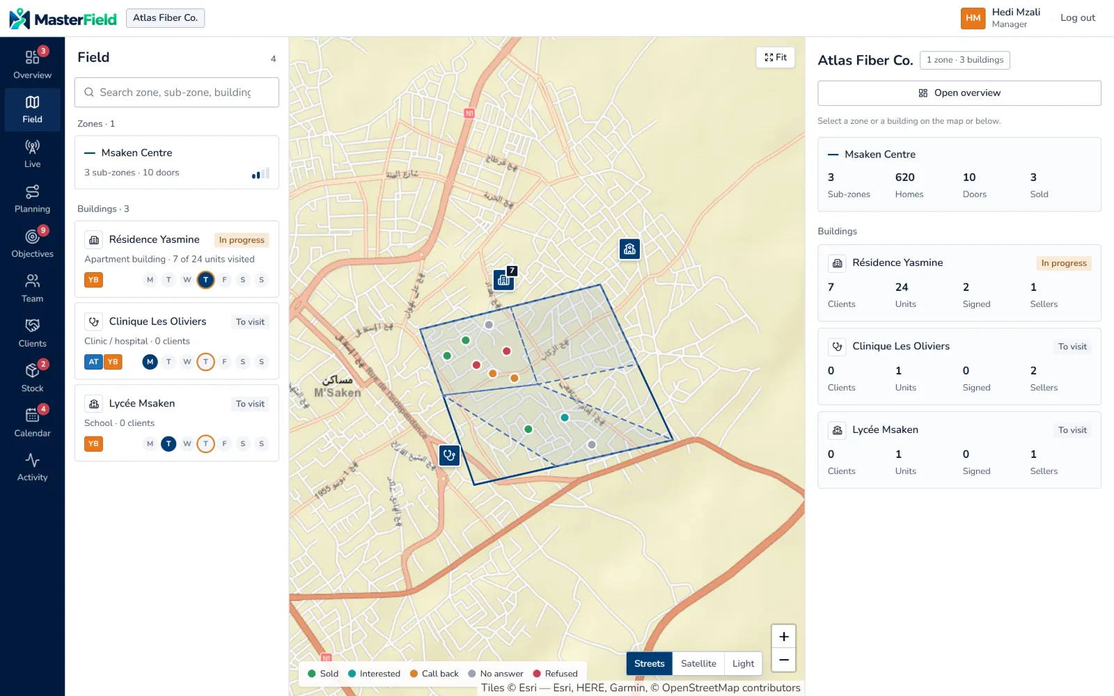 Carte terrain MasterField : zones, immeubles et clients